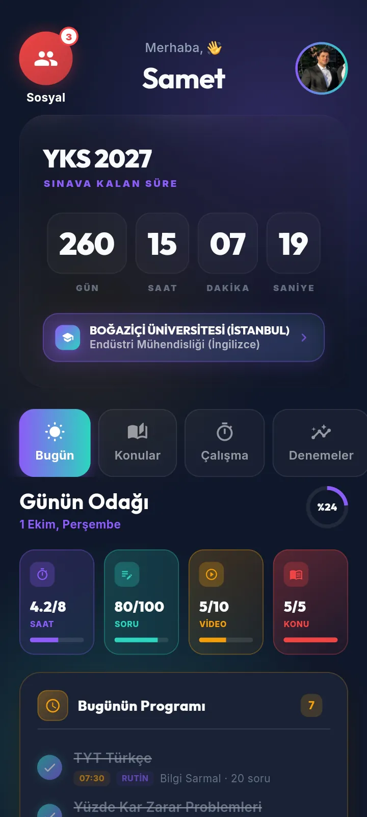 Takip+ YKS ana sayfası: YKS 2027’ye kalan süre, hedef Boğaziçi Endüstri Mühendisliği ve Günün Odağı kartları